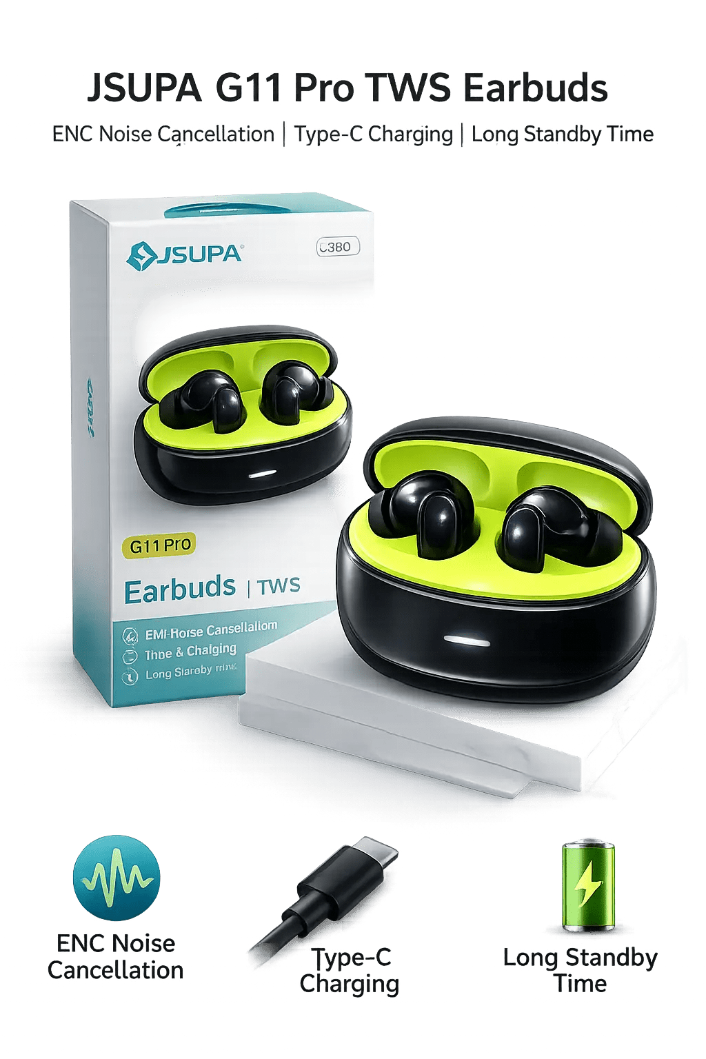 JSUPA G11 Pro TWS Earbuds – ENC Noise Cancelling, Low-Latency Gaming EarbudsTWS earbuds with ENC - Zentrix