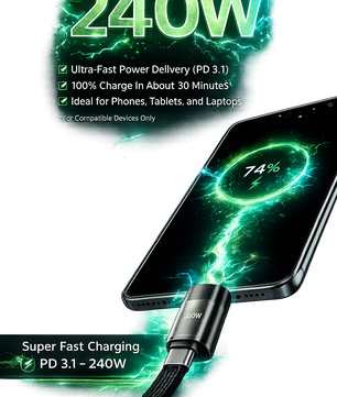 240W Type-C to Type-C Fast Charging Cable with Adjustable Phone Stand | 90° Elbow PD 3.1 Gaming USB-C Cable (1.5M) - Zentrix