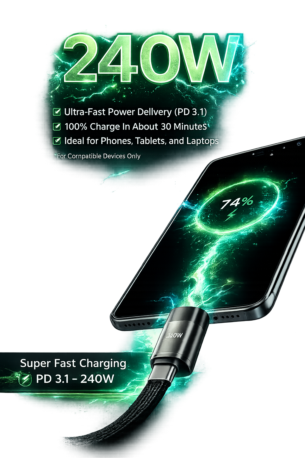 240W Type-C to Type-C Fast Charging Cable with Adjustable Phone Stand | 90° Elbow PD 3.1 Gaming USB-C Cable (1.5M) - Zentrix