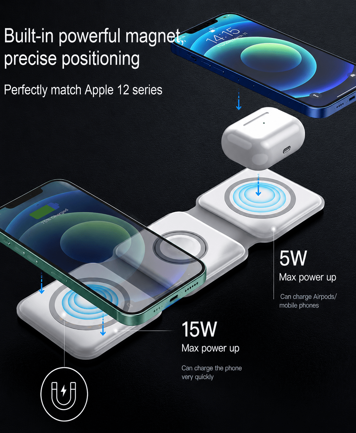 3 in 1 Magnetic Foldable Wireless Charger 15W Fast Charging Station for iPhone, Apple Watch & AirPods | Portable MagSafe Charging Dock - Zentrix
