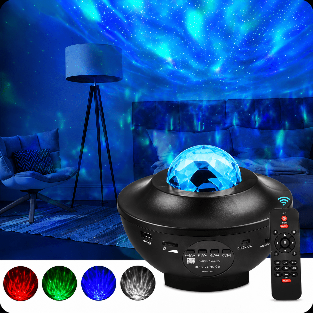 USB Starry Projector Light with Bluetooth Speaker | Ocean Wave Galaxy Night Light | LED Star Sky Projector Lamp with Remote Control - Zentrix