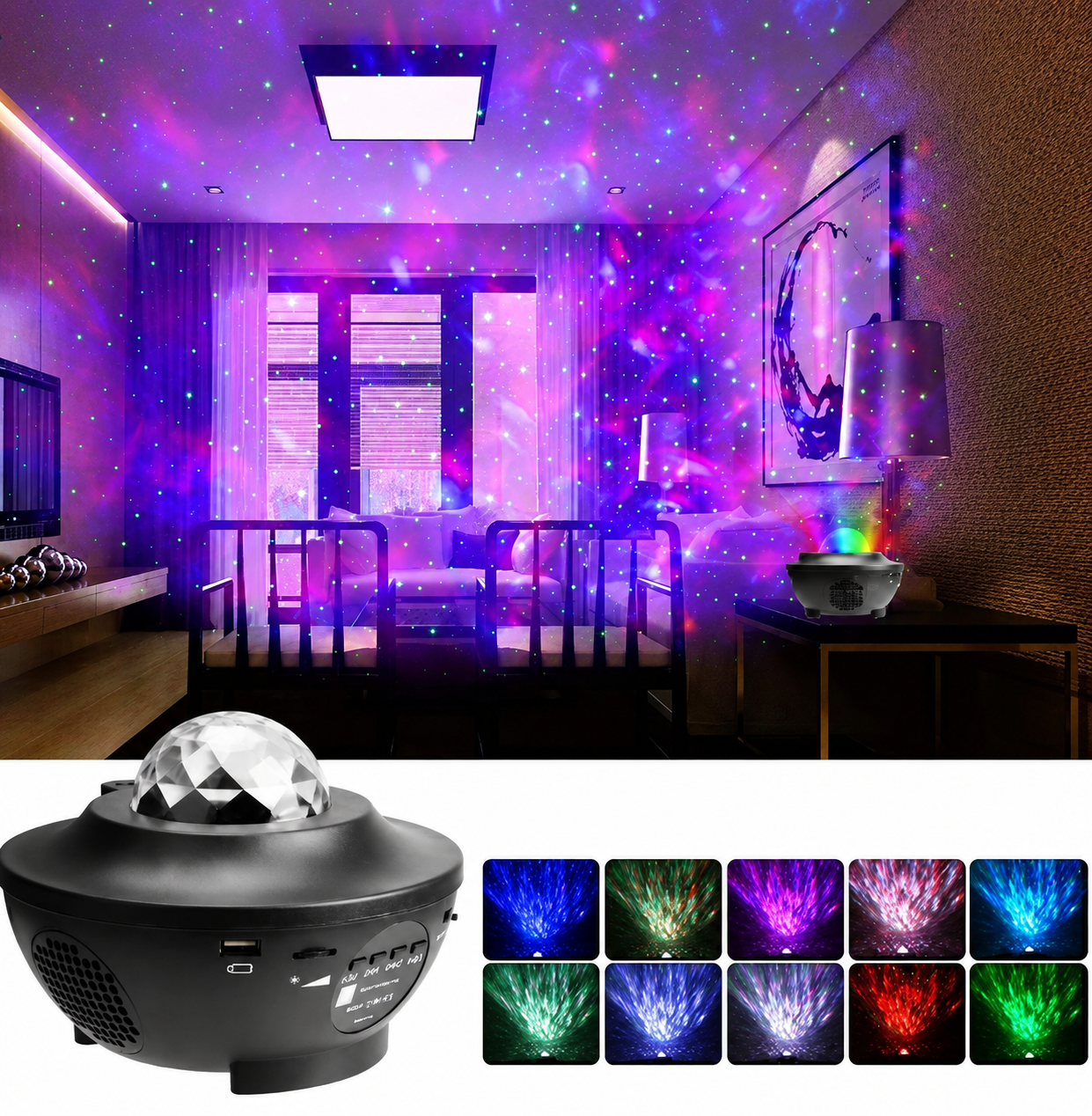 USB Starry Projector Light with Bluetooth Speaker | Ocean Wave Galaxy Night Light | LED Star Sky Projector Lamp with Remote Control - Zentrix