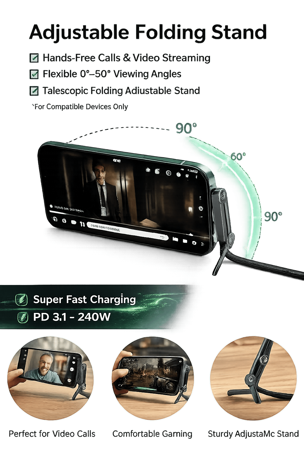 240W Type-C to Type-C Fast Charging Cable with Adjustable Phone Stand | 90° Elbow PD 3.1 Gaming USB-C Cable (1.5M) - Zentrix