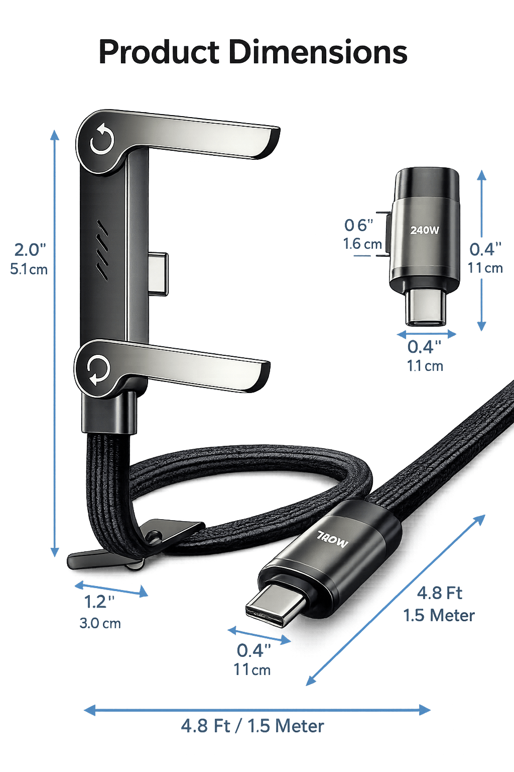 240W Type-C to Type-C Fast Charging Cable with Adjustable Phone Stand | 90° Elbow PD 3.1 Gaming USB-C Cable (1.5M) - Zentrix